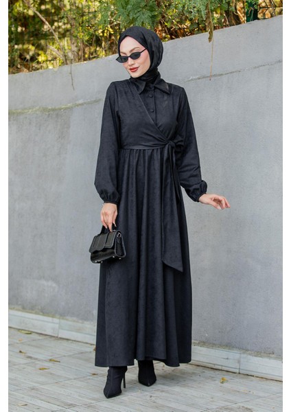 Süet Roba Bağlamalı Elbise-Siyah