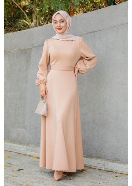 Luvi Pufy Dalgıç Balon Kollu Elbise-Bej