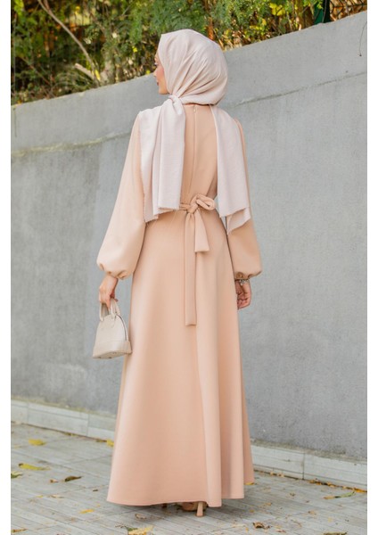 Luvi Pufy Dalgıç Balon Kollu Elbise-Bej modelleri