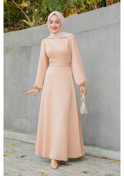 Luvi Pufy Dalgıç Balon Kollu Elbise-Bej fırsatları