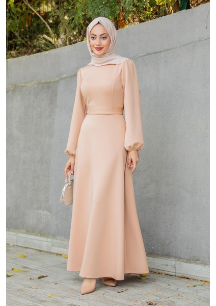 Luvi Pufy Dalgıç Balon Kollu Elbise-Bej indirimleri