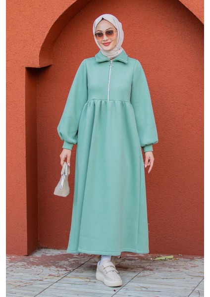 Fermuarlı Üç Iplik Şardonlu Sweat Elbise-Mint