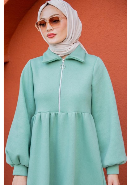 Fermuarlı Üç Iplik Şardonlu Sweat Elbise-Mint fiyatları