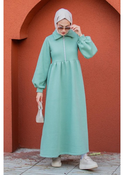 Fermuarlı Üç Iplik Şardonlu Sweat Elbise-Mint fırsatları