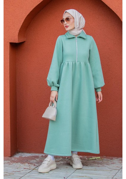 Fermuarlı Üç Iplik Şardonlu Sweat Elbise-Mint indirimleri