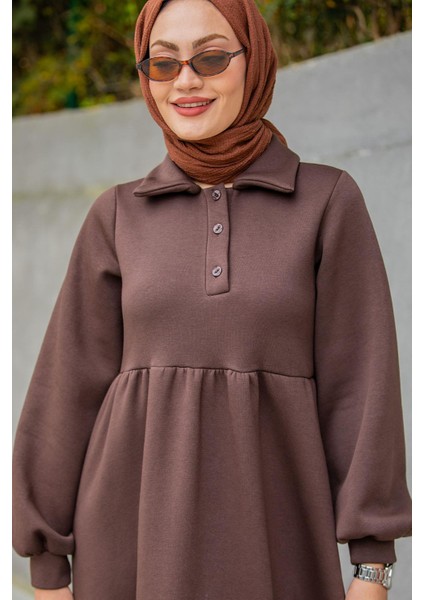 Yakalı Üç Iplik Spor Robalı Elbise-Kahve fiyatları