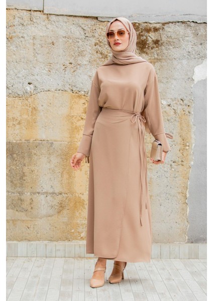 Krep Anvelop Bağlamalı Etek Bluz Takım-Taba