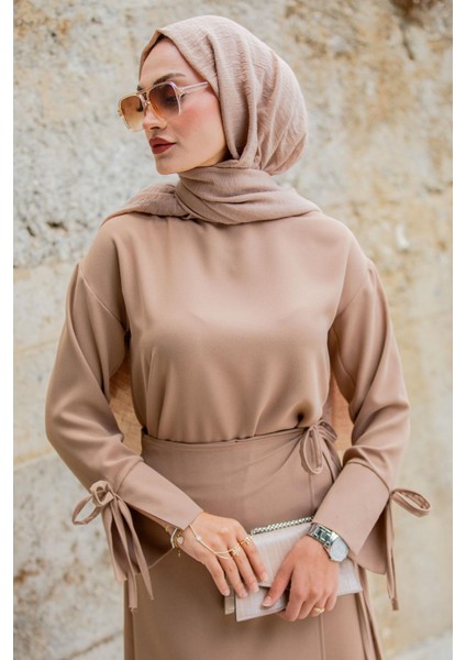 Krep Anvelop Bağlamalı Etek Bluz Takım-Taba fiyatları