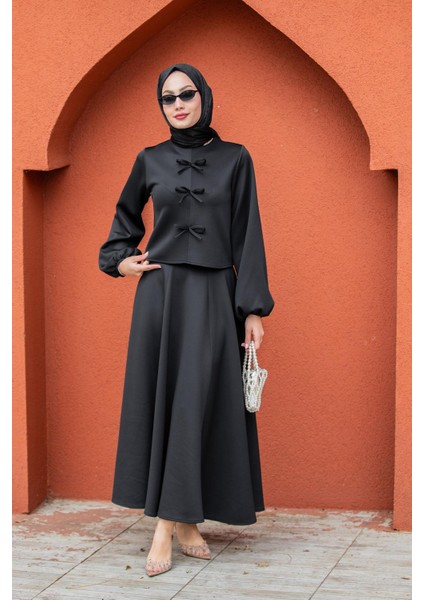 Fiyonk Detaylı Pufy Dalgıç Etek Bluz Takım-Siyah