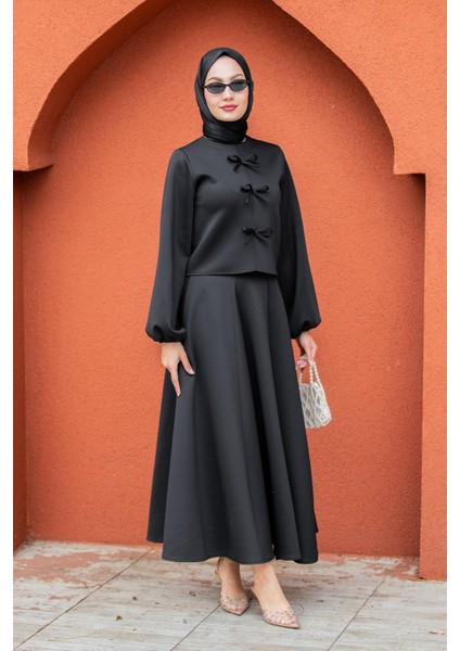 Fiyonk Detaylı Pufy Dalgıç Etek Bluz Takım-Siyah indirimleri