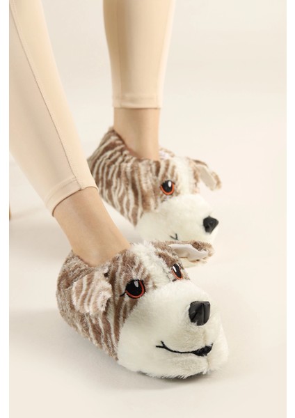 Unisex Çocuk Hayvanlı Köpekli Panduf (Taba-Beyaz)