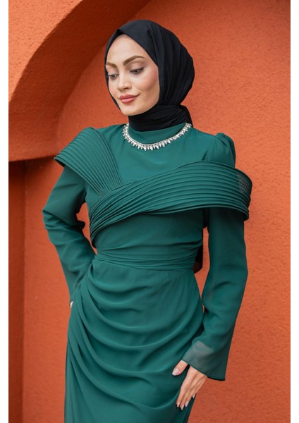 Pink Omuz Detaylı Drapeli Tesettür Abiye-Zümrüt fiyatları