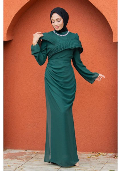 Pink Omuz Detaylı Drapeli Tesettür Abiye-Zümrüt fırsatları