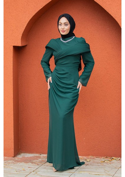 Pink Omuz Detaylı Drapeli Tesettür Abiye-Zümrüt indirimleri