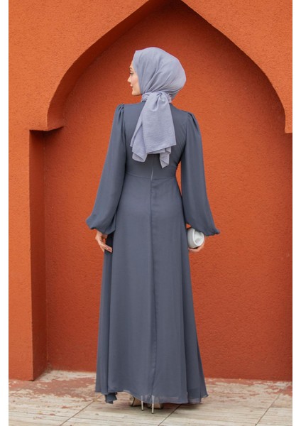 Narin Mat Şifon Tesettür Abiye-Antrasit modelleri