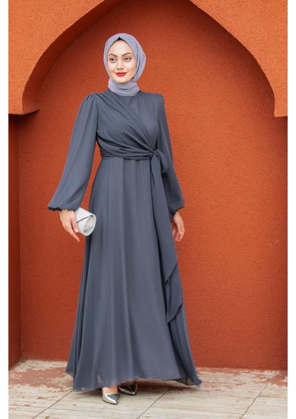 Narin Mat Şifon Tesettür Abiye-Antrasit indirimleri