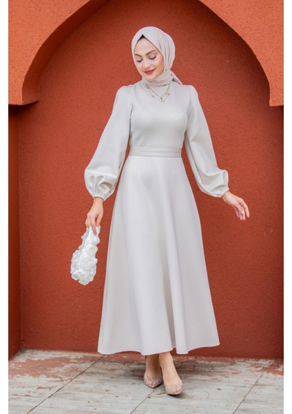 Luvi Pufy Dalgıç Balon Kollu Elbise-Ekru