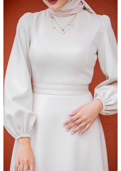 Luvi Pufy Dalgıç Balon Kollu Elbise-Ekru fiyatları