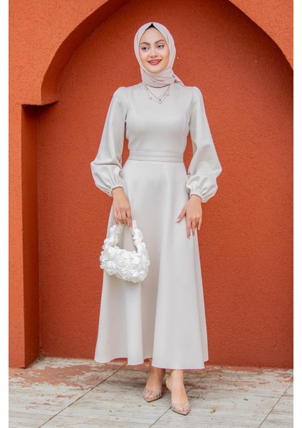 Luvi Pufy Dalgıç Balon Kollu Elbise-Ekru modelleri