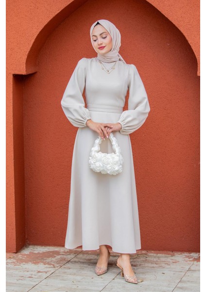 Luvi Pufy Dalgıç Balon Kollu Elbise-Ekru fırsatları