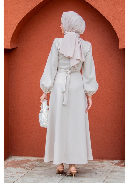 Luvi Pufy Dalgıç Balon Kollu Elbise-Ekru indirimleri