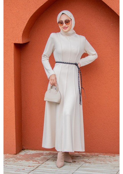 Seyra 8 Parçalı Deri Örgü Kemerli Pufy Dalgıç Elbise-Bej