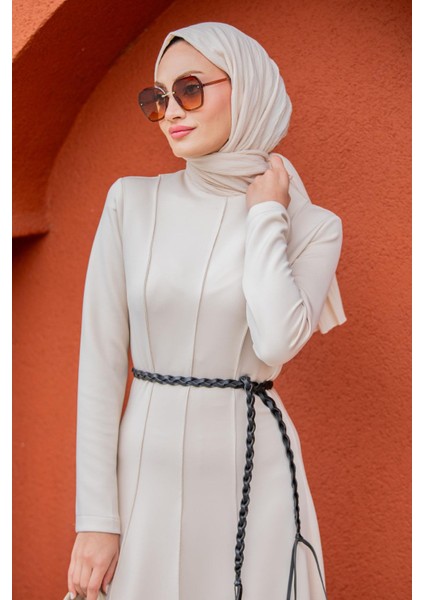 Seyra 8 Parçalı Deri Örgü Kemerli Pufy Dalgıç Elbise-Bej fiyatları