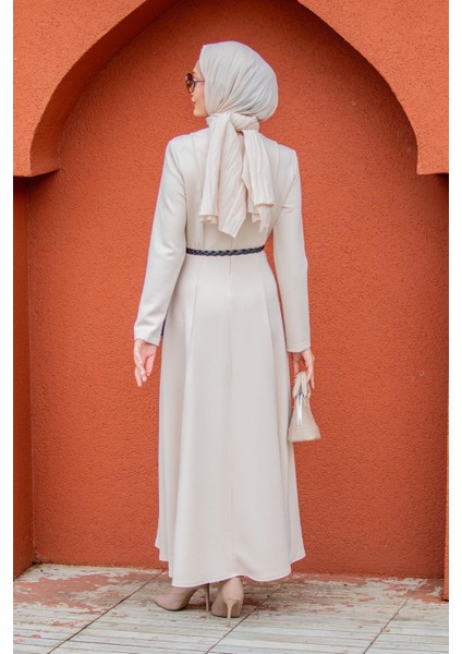 Seyra 8 Parçalı Deri Örgü Kemerli Pufy Dalgıç Elbise-Bej modelleri