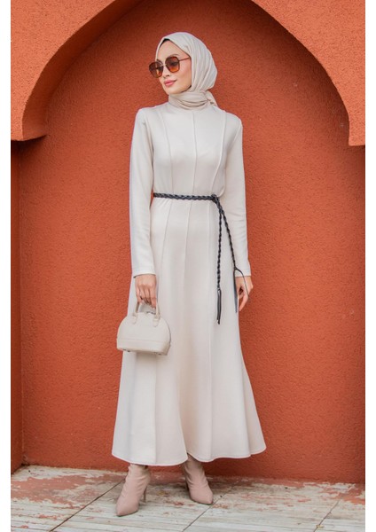 Seyra 8 Parçalı Deri Örgü Kemerli Pufy Dalgıç Elbise-Bej fırsatları