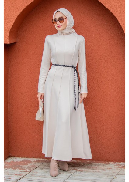 Seyra 8 Parçalı Deri Örgü Kemerli Pufy Dalgıç Elbise-Bej indirimleri