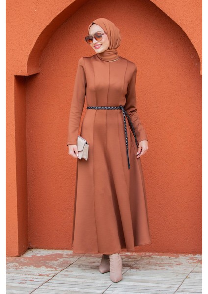 Seyra 8 Parçalı Deri Örgü Kemerli Pufy Dalgıç Elbise-Tarçın