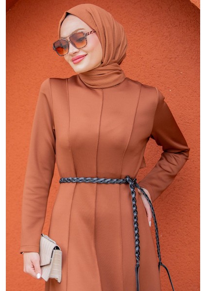 Seyra 8 Parçalı Deri Örgü Kemerli Pufy Dalgıç Elbise-Tarçın fiyatları