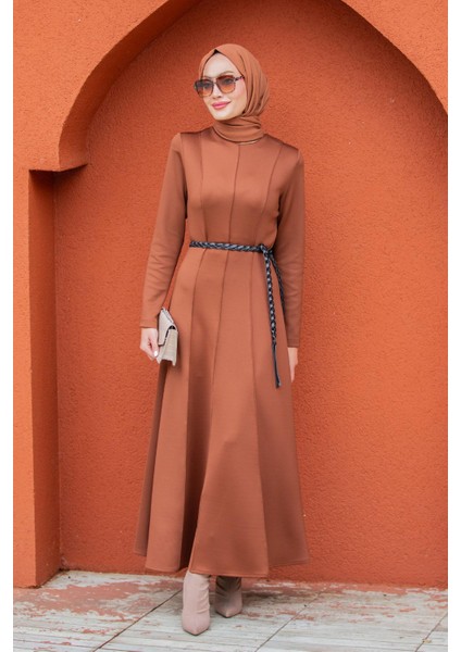 Seyra 8 Parçalı Deri Örgü Kemerli Pufy Dalgıç Elbise-Tarçın fırsatları