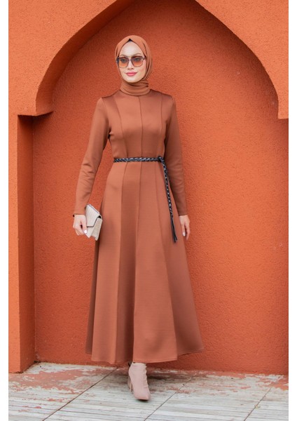 Seyra 8 Parçalı Deri Örgü Kemerli Pufy Dalgıç Elbise-Tarçın indirimleri