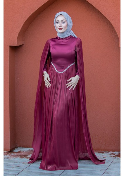 Nida Drapeli Taşlı Tesettür Abiye-Bordo