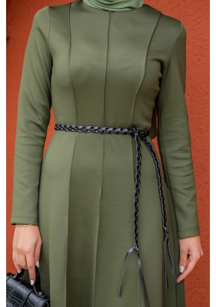 Seyra 8 Parçalı Deri Örgü Kemerli Pufy Dalgıç Elbise-Yeşil fiyatları