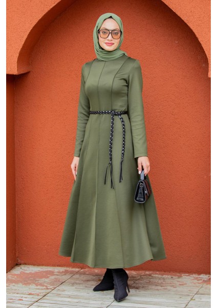 Seyra 8 Parçalı Deri Örgü Kemerli Pufy Dalgıç Elbise-Yeşil modelleri