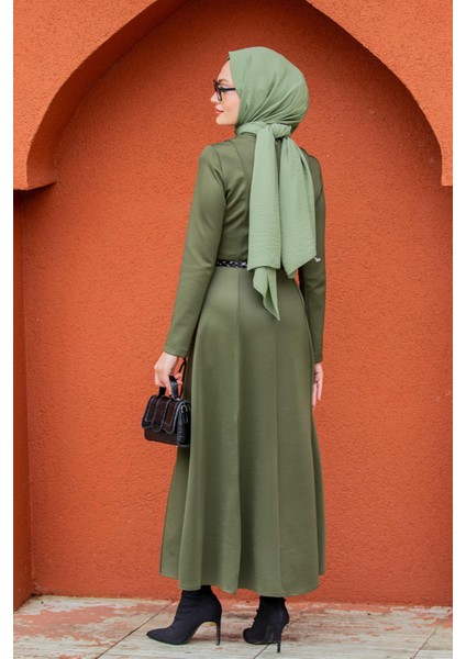 Seyra 8 Parçalı Deri Örgü Kemerli Pufy Dalgıç Elbise-Yeşil fırsatları