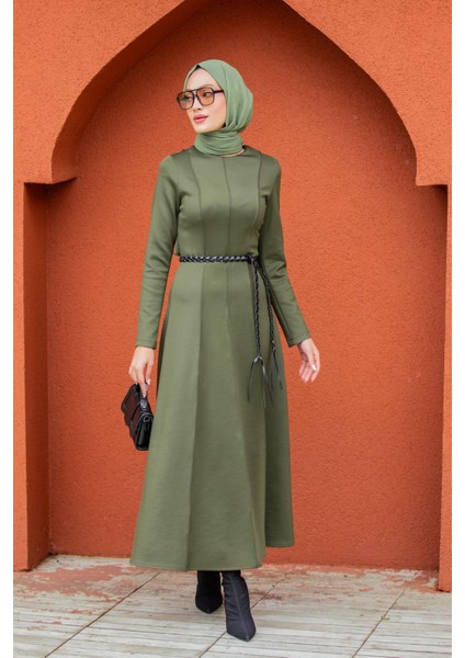 Seyra 8 Parçalı Deri Örgü Kemerli Pufy Dalgıç Elbise-Yeşil indirimleri