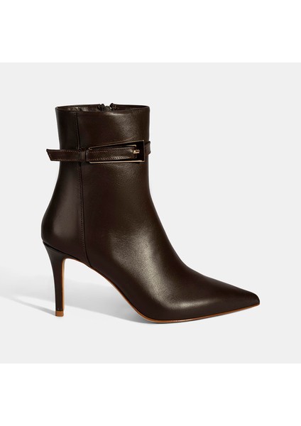 Kadın Kahve Metal Tokalı Ince Topuklu Deri Bot fiyatları