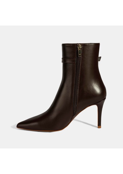 Kadın Kahve Metal Tokalı Ince Topuklu Deri Bot modelleri