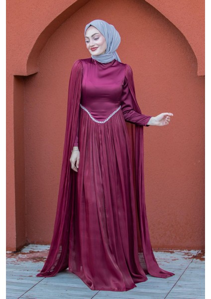 Nida Drapeli Taşlı Tesettür Abiye-Bordo modelleri