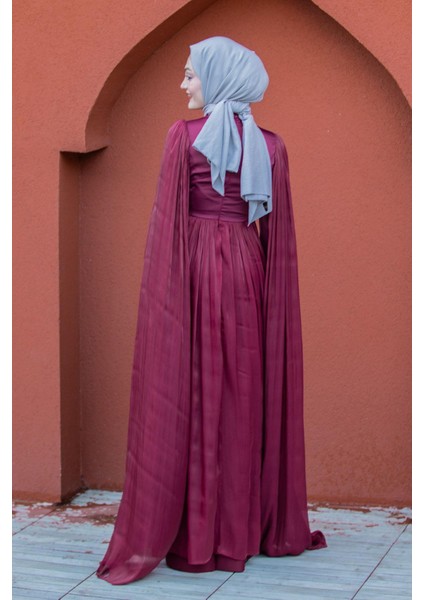 Nida Drapeli Taşlı Tesettür Abiye-Bordo fırsatları