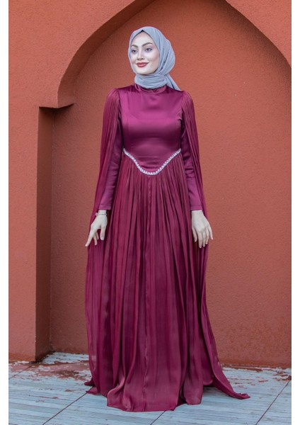 Nida Drapeli Taşlı Tesettür Abiye-Bordo indirimleri