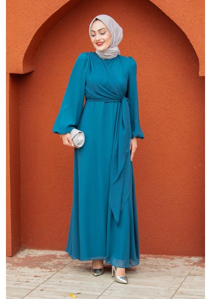 Narin Mat Şifon Tesettür Abiye-Petrol modelleri
