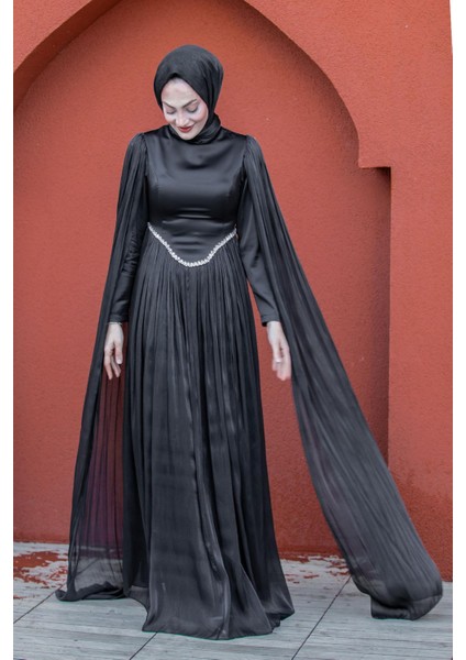 Nida Drapeli Taşlı Tesettür Abiye-Siyah modelleri