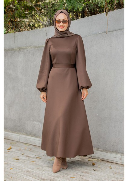 Luvi Pufy Dalgıç Balon Kollu Elbise-Kahve