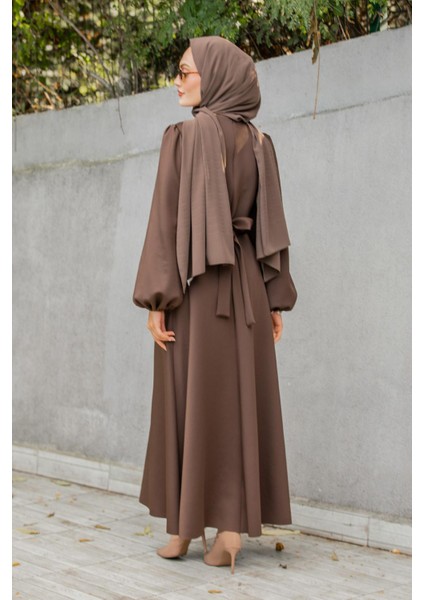 Luvi Pufy Dalgıç Balon Kollu Elbise-Kahve modelleri