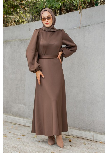 Luvi Pufy Dalgıç Balon Kollu Elbise-Kahve fırsatları