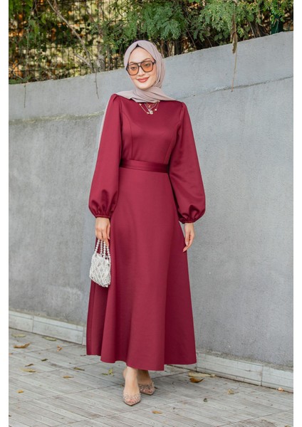 Luvi Pufy Dalgıç Balon Kollu Elbise-Kırmızı